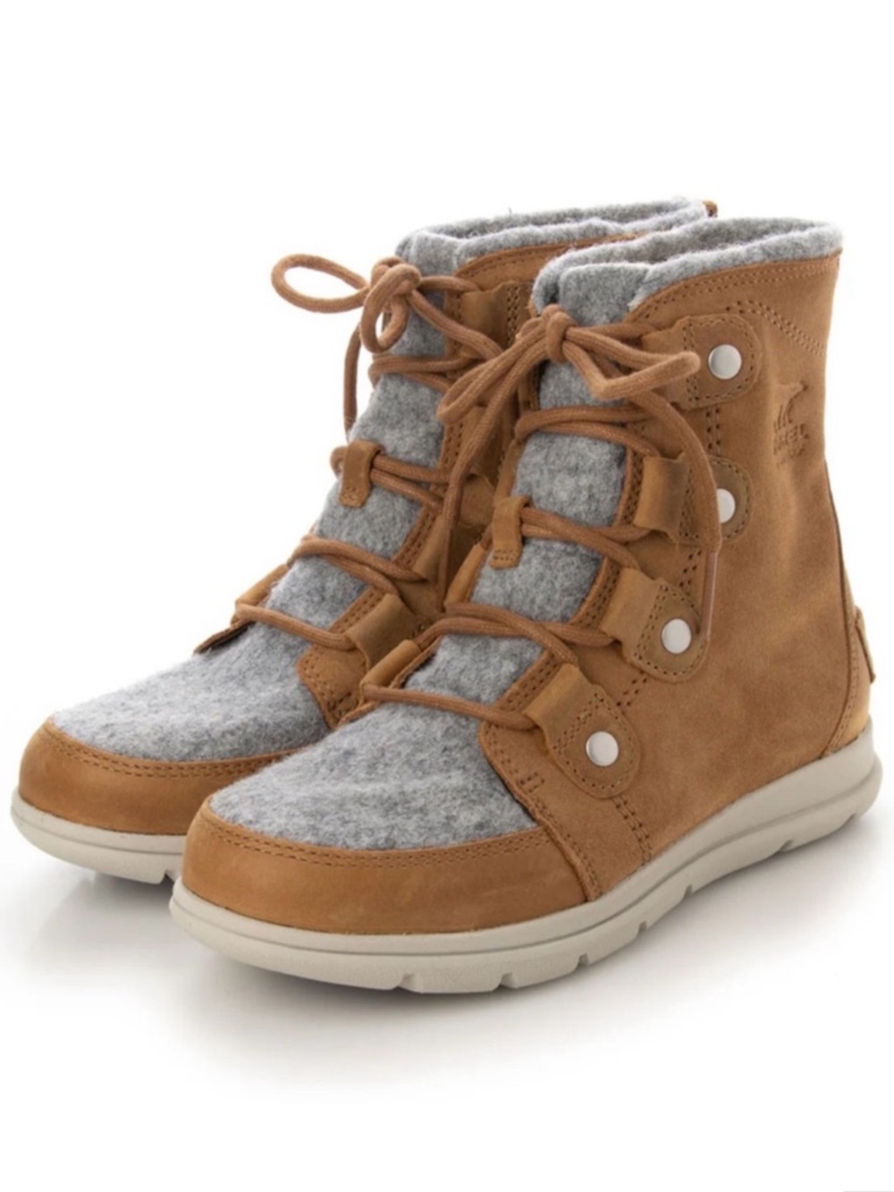 SOREL Women’s 7.5 Tan Suede & Gray Felt Joan Explorer Waterproof Lace-Up Boots